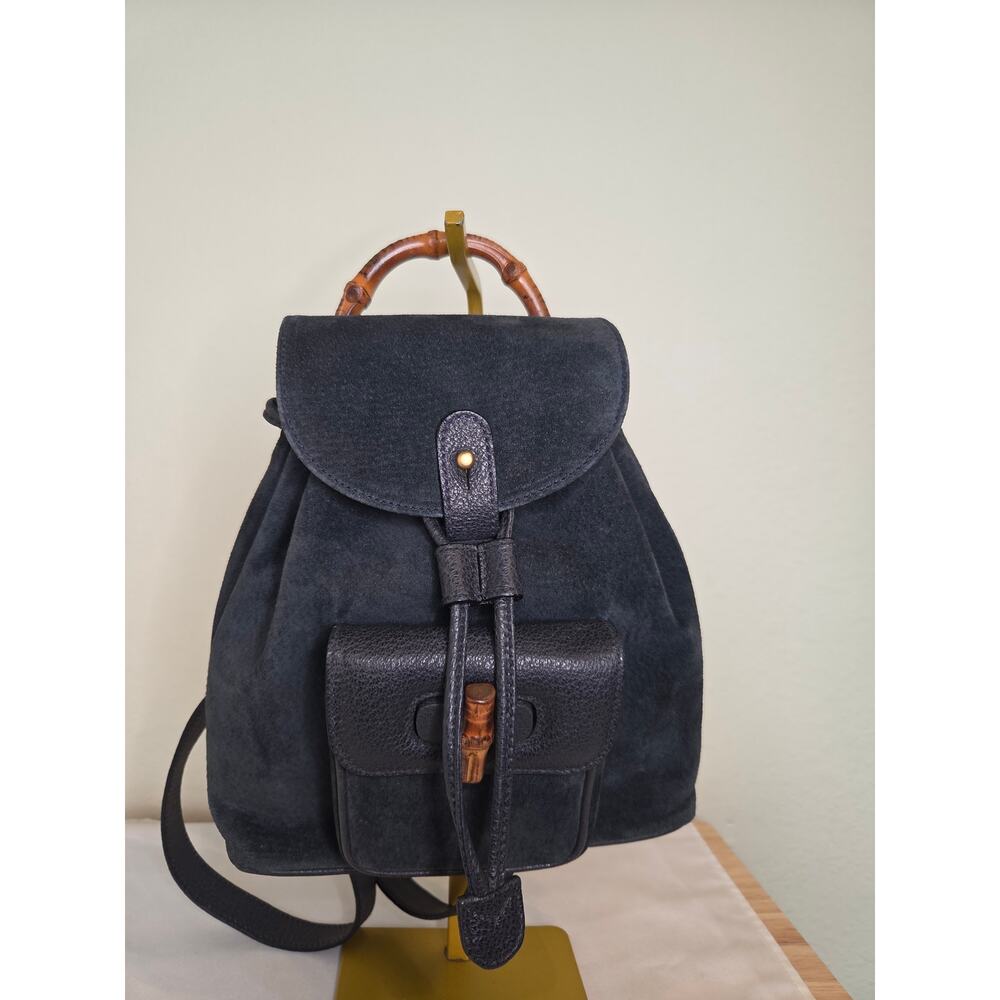 Gucci Bamboo Backpack Bag Black Suede Leather Mini Rucksack Italy